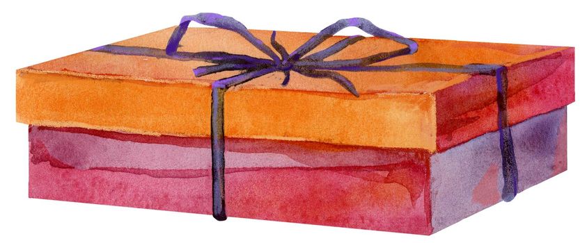 Red gift box with indigo ribbon bow isolated, watercolor painting on white background