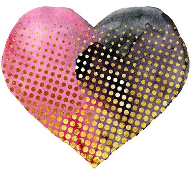 Watercolor black heartwith gold dots, painted by hand