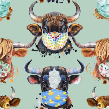 Bull watercolor graphics. Seamless pattern. Bull animal illustration with splash watercolor textured background.