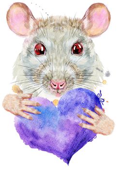 Cute white rat for t-shirt graphics. Watercolor rat illustration with violet heart