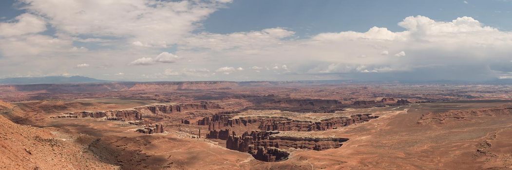 Panorama of Canyonlands landscape in Utah showing textures and formations of a huge canyon