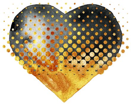 Watercolor black heartwith gold dots, painted by hand