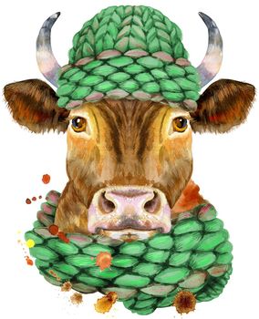 Bull in knitted green hat watercolor graphics. Bull animal illustration with splash watercolor textured background.