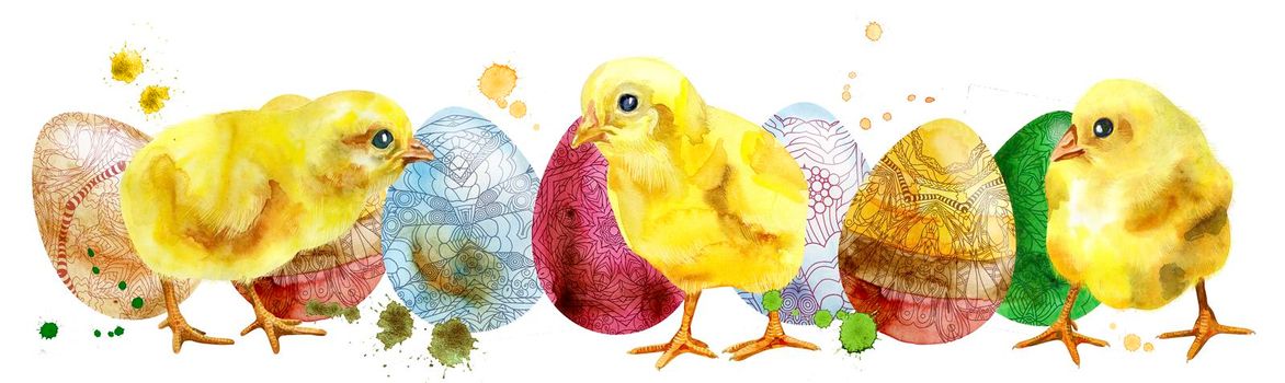 Watercolor Easter colored eggs and chickens on white background. Design element for greeting cards, note cards and invitations.