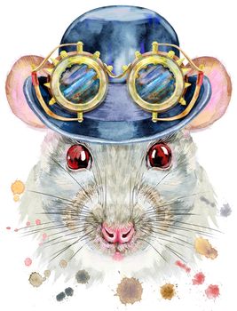 Cute white rat for t-shirt graphics. Watercolor rat illustration with hat bowler and steampunk glasses