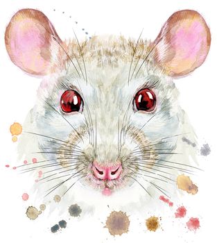 Cute white rat for t-shirt graphics. Watercolor rat illustration