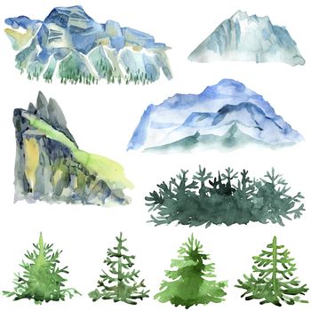 Watercolor painting. Hand drawn illustration. Mountain set and trees isolated on white. Nature landscape design elements.