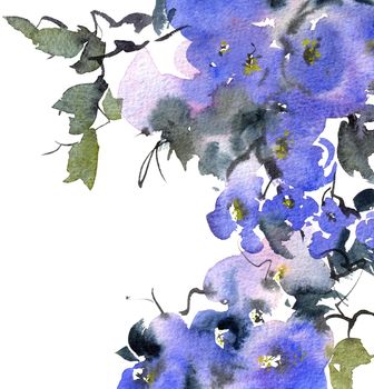Watercolor and ink illustration of blossom tree with blue flowers, buds and leaves. Oriental traditional painting in style sumi-e, u-sin and gohua.