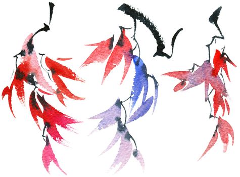 Watercolor and ink illustration of tree brunch with multicolored leaves on white background. Oriental traditional painting in style sumi-e or gohua.