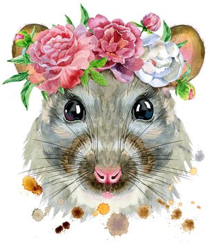 Cute rat in a wreath of peonies for t-shirt graphics. Watercolor rat illustration