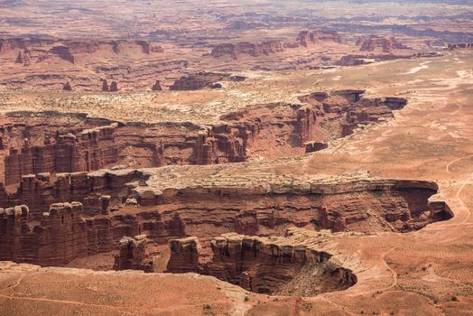 Detail view of Canyonlands National Park with levels of red and brown rock canyon.