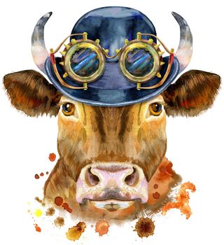 Bull watercolor graphics. Bull animal with hat bowler and steampunk glasses illustration with splash watercolor textured background.