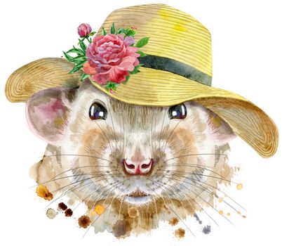 Cute rat with a wide-brimmed summer hat for t-shirt graphics. Watercolor rat illustration