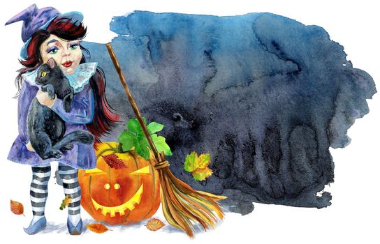 Halloween witch with black cat, pumpkin and broom on black background. Watercolor illustration