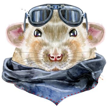 Cute rat with biker sunglasses and splashes for t-shirt graphics. Watercolor rat illustration