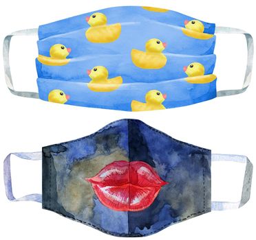 Set of face masks virus protection against virus watercolor clipart. Health care, hand drawn medical mask.