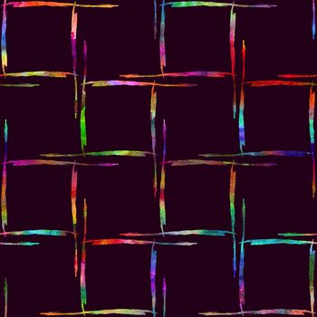 Watercolor Brush Plaid Seamless Pattern Grange Check Geometric Design in Rainbow Color. Modern Strokes Grung Collage Background for kids fabric and textile.