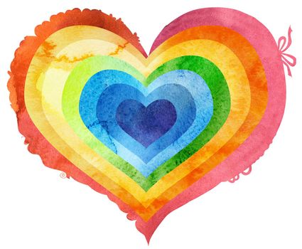 Rainbow heart in watercolor painting, on a white background