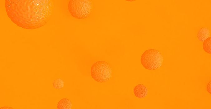 Abstract orange background with dynamic 3d spheres. orange and yellow balloons on an orange background. Modern trendy banner or poster design 3D image, copy space.