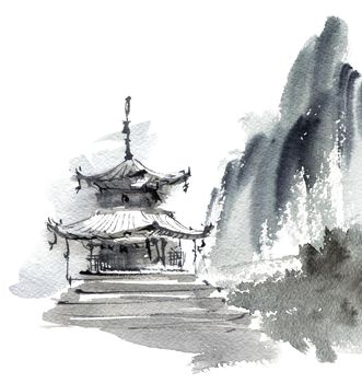 Traditional chinese landscape with pagoda building and mountains. Artistic painting by ink and watercolor in sumi-e style.