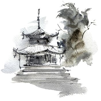 Traditional chinese landscape with pagoda building and tree. Artistic painting by ink and watercolor in sumi-e style.
