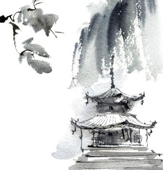 Traditional chinese landscape with pagoda building, mountains and tree branch. Artistic painting by ink and watercolor in sumi-e style.