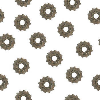 Hand-Drawn Steampunk Gear Transmission Element Seamless Pattern on White Background. Digital Paper with Metal Gear Illustration Drawn by Colored Pencil.