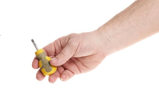 Hand holds a screwdriver on a white background, a template for designers. Close up