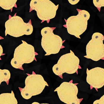 Cute Cartoon Hand Drawn Seamless Pattern With Little Yellow Chick. Funny Easter Watercolor Chicken on Black Background.