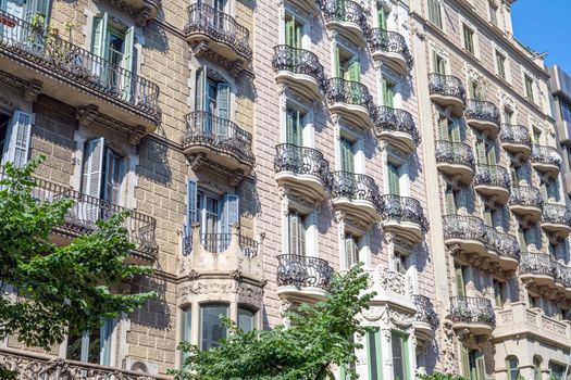 Typical house facades of some apartment buildings in Barcelona, Spain