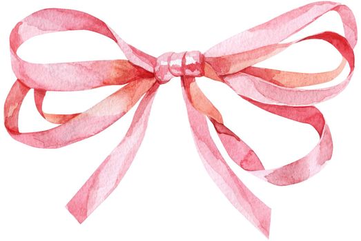 Watercolor pink bow. Hand painted gift bow isolated on white background. Party or greeting object