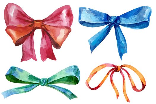 Set of watercolor bows. Hand painted gift bows isolated on white background. Party or greeting objects