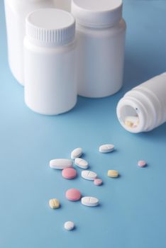 selective focus. Close up of many colorful pills and capsules .