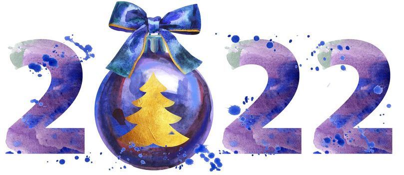 New year 2022 watercolor number with Christmas ball isolated on the white background