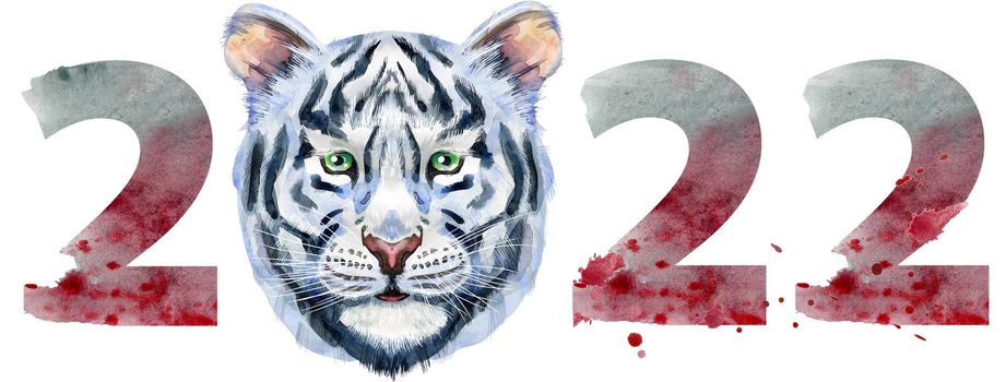 New year 2022 watercolor number with tiger head isolated on the white background