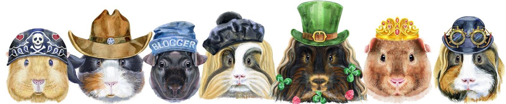 Cute cavy. Pig for T-shirt graphics. Watercolor guinea pigs border set