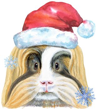 Cute cavy in Santa hat. Pig for T-shirt graphics. Watercolor Sheltie Guinea Pig illustration