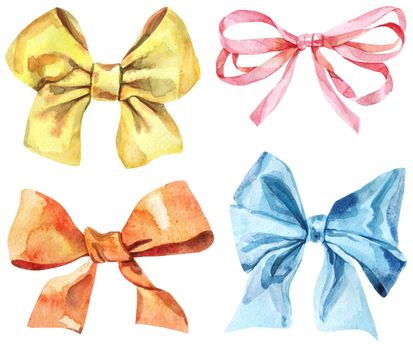 Set of watercolor bows. Hand painted gift bows isolated on white background. Party or greeting objects