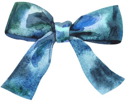 Watercolor blue bow. Hand painted gift bow isolated on white background. Party or greeting object