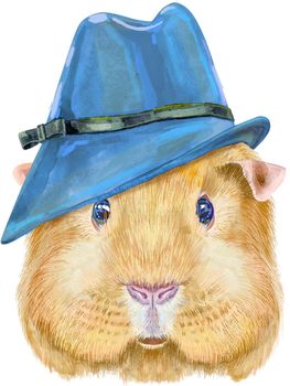 Guinea pig in blue hat. Pig for T-shirt graphics. Watercolor Self guinea pig illustration