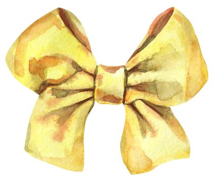 Watercolor yellow bow. Hand painted gift bow isolated on white background. Party or greeting object