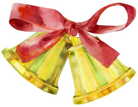 Golden watercolor christmas bells with red bow. Symbol of merry christmas and new year.