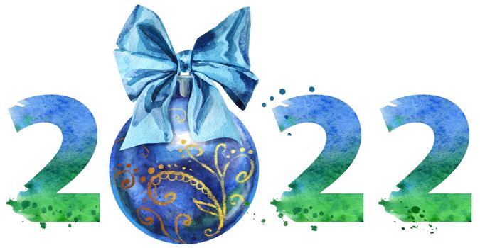 New year 2022 watercolor number with Christmas ball isolated on the white background