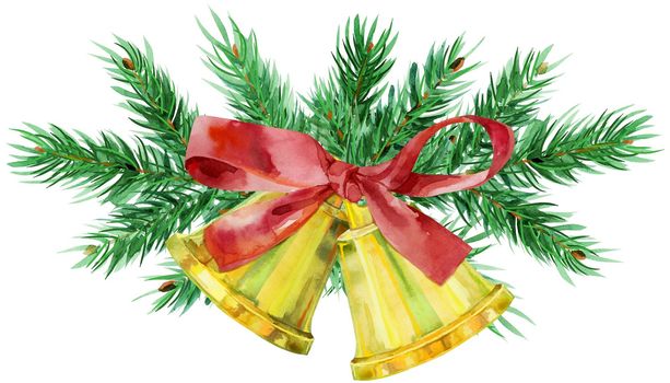 Golden watercolor christmas bells with red bow spruce branches. Symbol of merry christmas and new year.