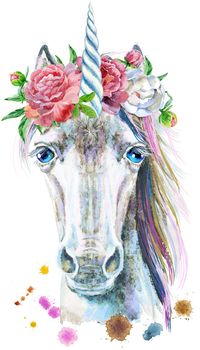 Isolated cute watercolor unicorn clipart. Nursery unicorn with a flowers illustration. Princess rainbow poster. Trendy cartoon pony horse.