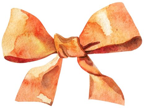 Watercolor orange bow. Hand painted gift bow isolated on white background. Party or greeting object