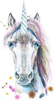 Isolated cute watercolor unicorn clipart. Nursery unicorns illustration. Princess rainbow poster. Trendy cartoon pony horse.