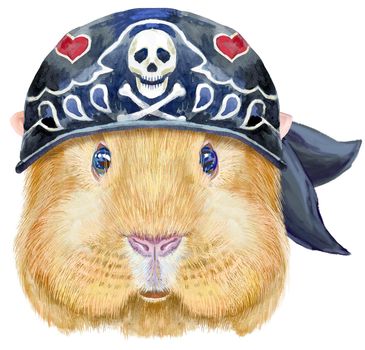 Guinea pig with bandana. Pig for T-shirt graphics. Watercolor Self guinea pig illustration