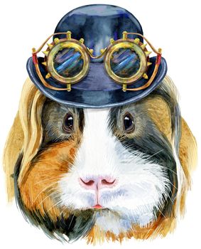 Guinea pig with hat bowler and steampunk glasses. Pig for T-shirt graphics. Watercolor Sheltie guinea pig illustration