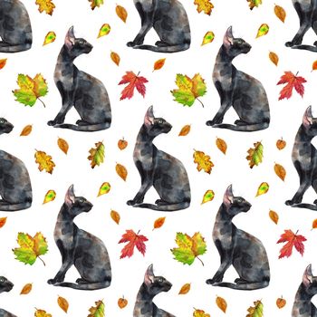 Seamless pattern of watercolor oriental cats. Hand drawn black short hair pets on white background.